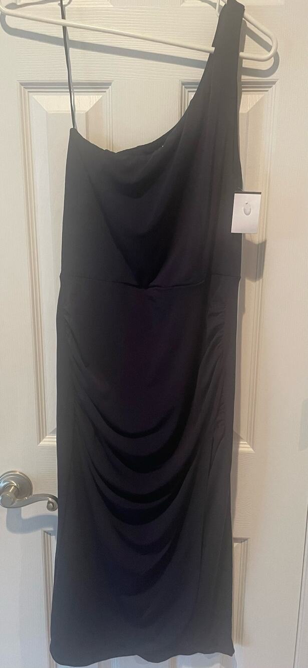 Socialite Black Dress, Small, 1 shoulder drape, $39, B59